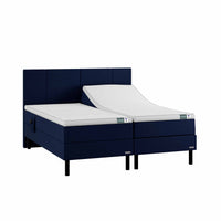 Temprakon boxelevationsseng med i str 180 x 200 cm med blåt stof og sengegavl